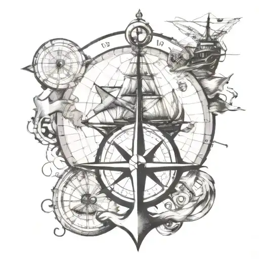 nautical chart theme with compass, anchor, and also the fireball whisky logo tattoo design idea