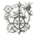 nautical chart theme with compass, anchor, and also the fireball whisky logo tattoo design idea