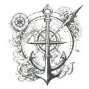 nautical chart theme with compass, anchor, and also the fireball whisky logo tattoo design idea