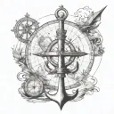 nautical chart theme with compass, anchor, and also the fireball whisky logo tattoo design idea