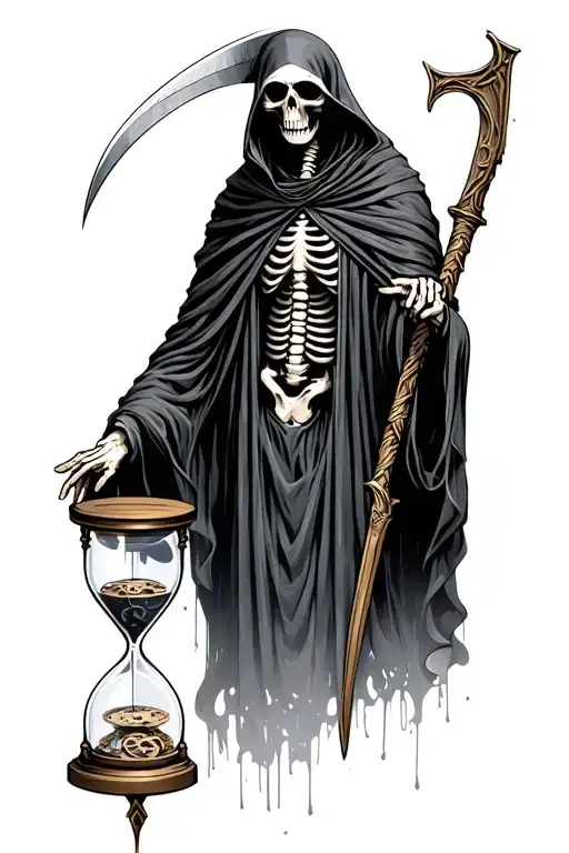 ultra realistic. skeletal grim reaper holding a scythe with a clockwork theme. hourglass in other hand outstretched. tattoo design idea