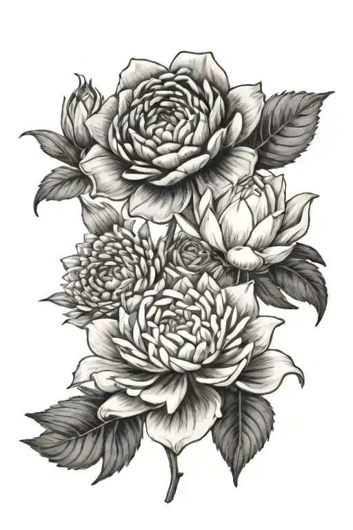 rose, 3 daisy, water Lilly, 2 poppy's , aster, chrysanthemum  realistic tattoo design idea