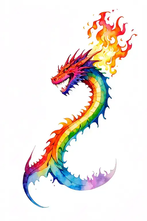 rainbow dragon breathing fire from mouth with Genderfluid colours tattoo design idea