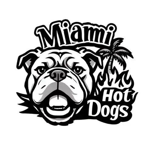 "Miami Hot Dogs" cartoon  bulldog face and fire and palm tree tattoo design idea