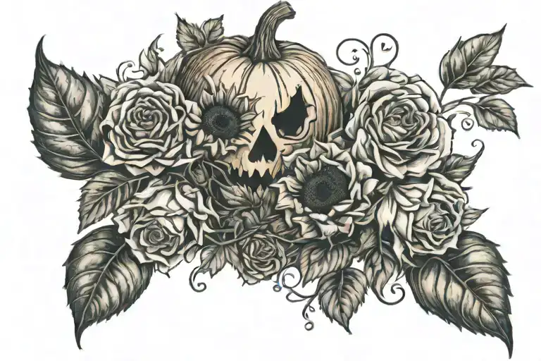 sunflowers, roses, vines, and a jack o lantern  tattoo design idea