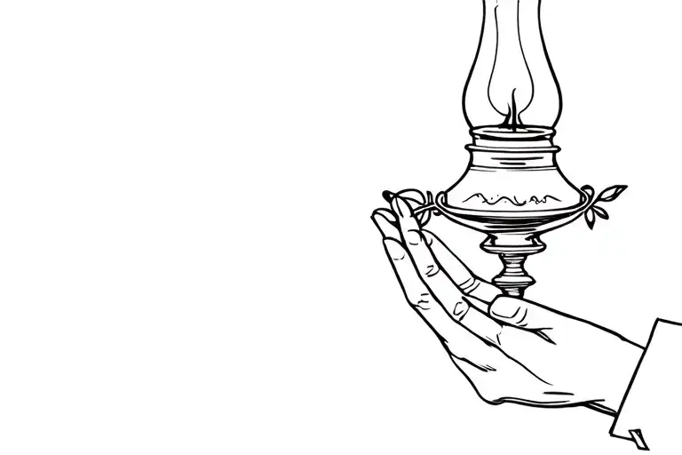 Hand holding Florence Nigthingale oil lamp in fine lineal style tattoo design idea