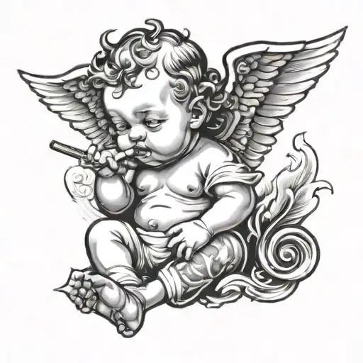 old school black tattoo of a baby angel smoking a cigarette tattoo design idea