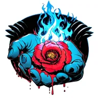 anime, my hero academia, Dry and cracked hand, holding blue fire in palm burning, red camellia flower, driping blood tattoo design idea