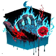 anime, my hero academia, Dry and cracked hand, holding blue fire in palm burning, red camellia flower, driping blood tattoo design idea