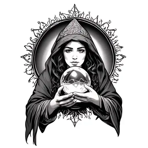 fortune teller holding a crystal ball merging tattoo design idea