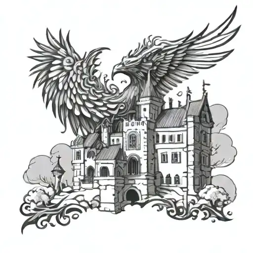 Incorporate a Turkish mythological creature like a phoenix or dragon into a medieval scene with a castle and knights tattoo design idea