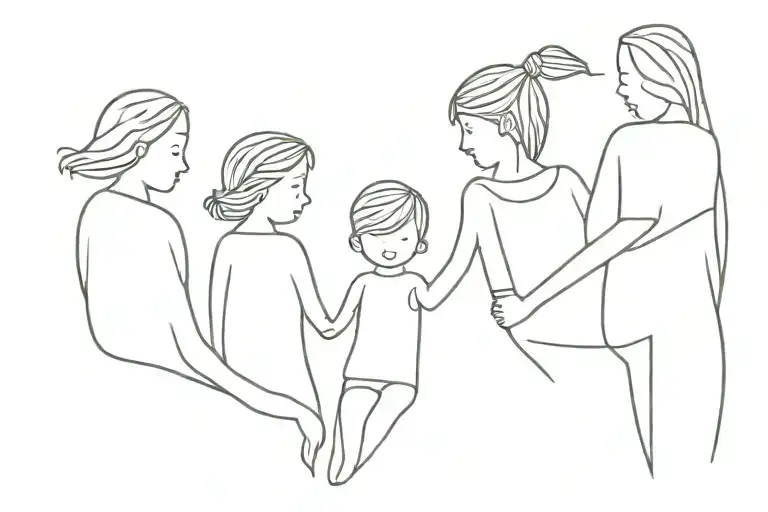 linear, mother with three children, one boy two girls   tattoo design idea