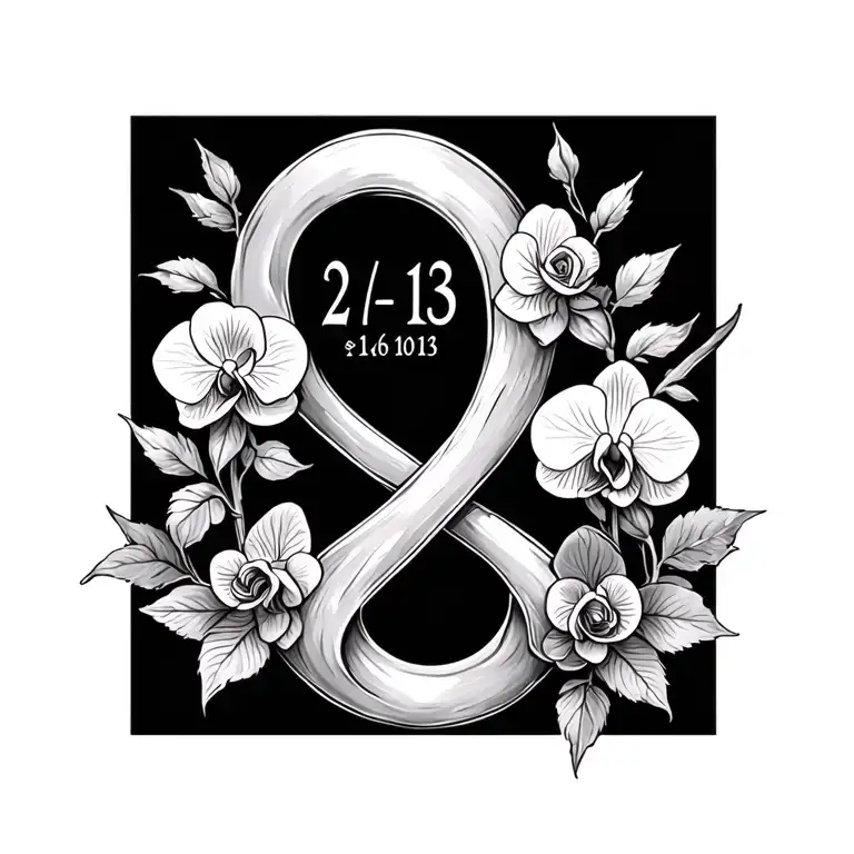 Infinity symbol with a small delicate rose and small delicate orchid and the date 2-16-13 down the middle tattoo design idea