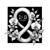 Infinity symbol with a small delicate rose and small delicate orchid and the date 2-16-13 down the middle tattoo design idea