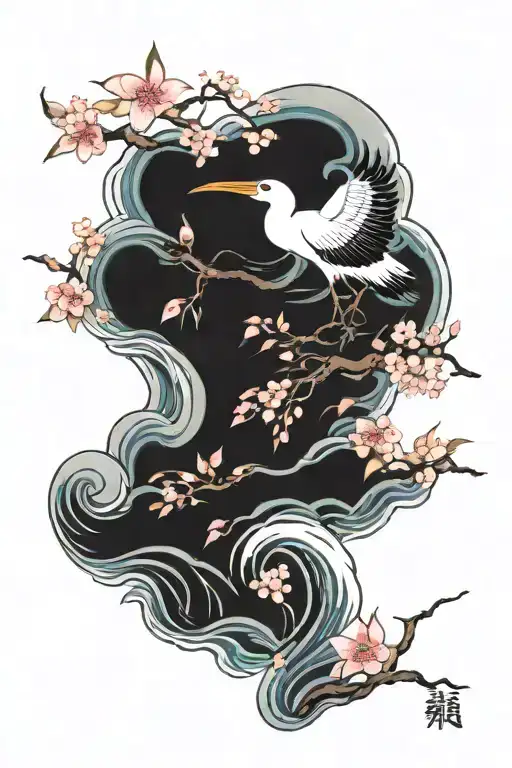 Japanese stork with cherry blossoms and sea waves tattoo design idea