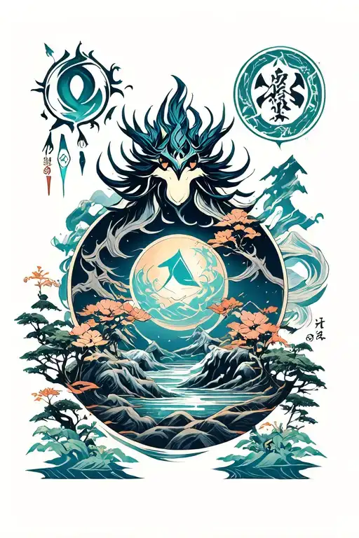 Magic The Gathering mana symbols incorporated in landscaps, tattoo design idea