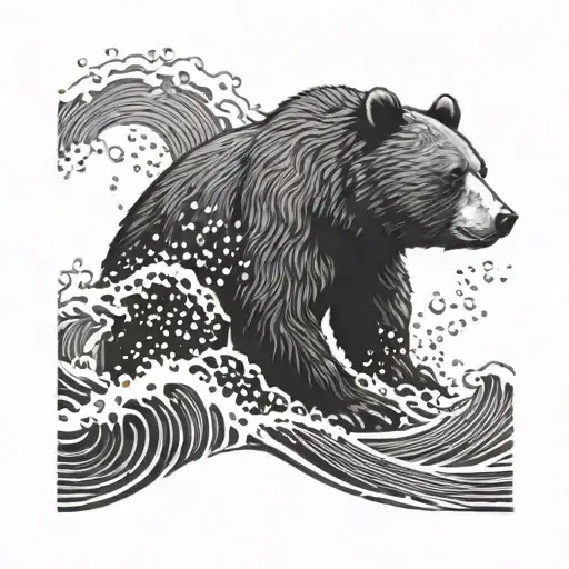bear falling and sinking in water waves Japanese style tattoo design idea