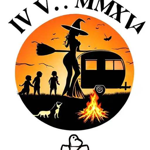 "IV V MMXIV" silhouette of busty sexy witch bride on broomstick over a campsite with a trailer and campfire with children & dog tattoo design idea