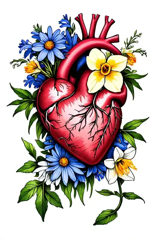 bouquet of primrose, larkspur, aster and narcissus around an anatomically correct heart tattoo design idea
