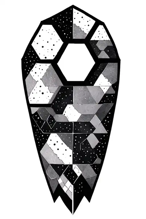 Style: Geometric black‑work, dot‑shading  Placement: Upper arm (biceps only)  Design: At inner biceps, dense hexagon b tattoo design idea