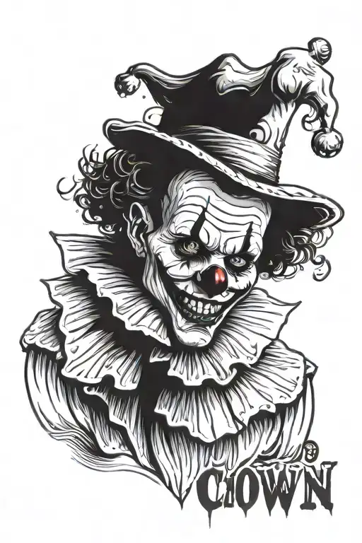 A creepy, sinister clown with a white costume and a ghostly appearance. The clown has a skull-like face, hollow eyes tattoo design idea