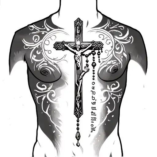 a full chest tattoo with a rosary coming down my chest with the verse “ not my will , but your will be done” as well as  tattoo design idea