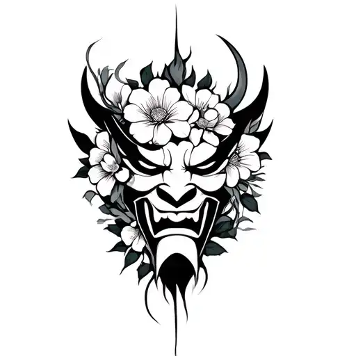 oni mask wrapped in flowers tattoo design idea