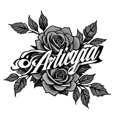 Artiga last name written with roses intertwined tattoo design idea