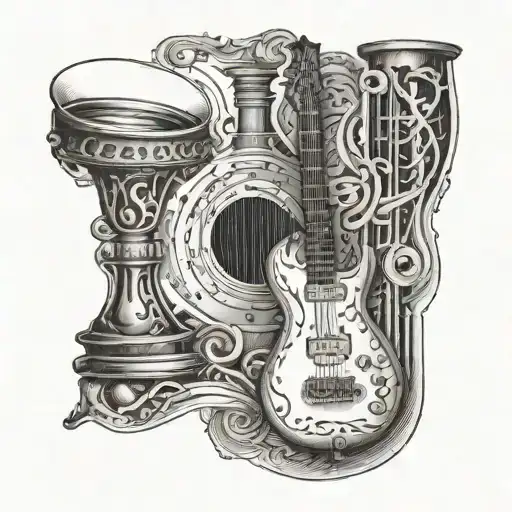 A detailed tattoo of a candlestick chart intertwined with musical elements like guitars and notes tattoo design idea