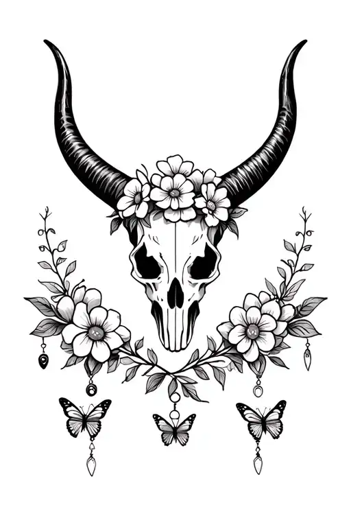 long horn skull mandala with flowers incorporated into it on either side.little butterfly charms coming off the bottom  tattoo design idea