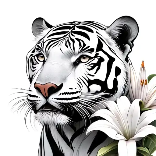 white tiger, Lily flowers tattoo design idea