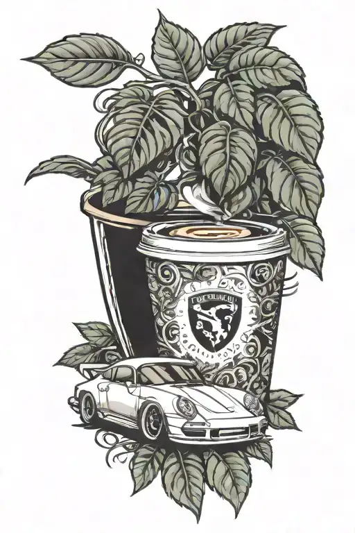A coffee plant intertwined with a Porsche logo, symbolizing the client's passion for both coffee and luxury cars tattoo design idea
