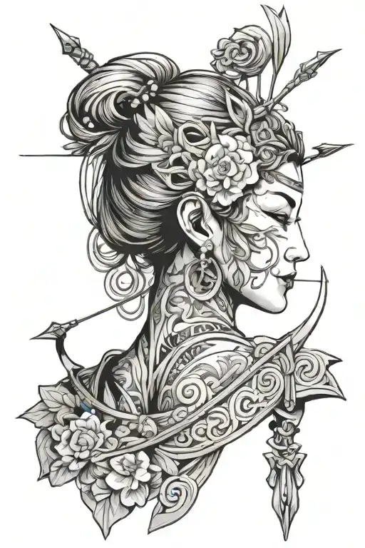 Artemis Greek Goddess Bust Profile, bow and arrows strapped to her back tattoo design idea