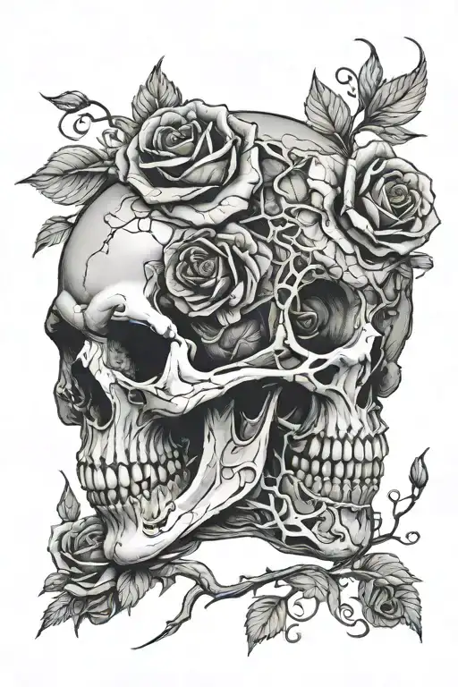 Sculpture of a head with a crack. Inside the sculpture is a skull. The sculpture is wrapped in a snake. Around it are rosebuds in different stages tattoo design idea