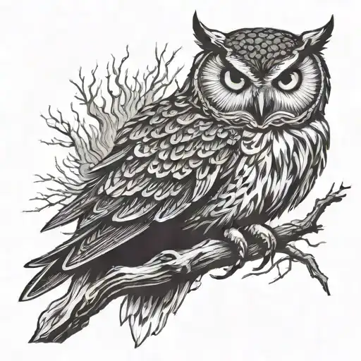 owl perched burning eyes tattoo design idea