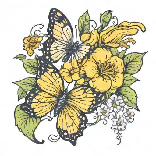 flowers behind a butterfly. include yellow hibiscus, california poppy, dogwood flower, Dogwood flower tattoo design idea