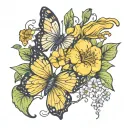 flowers behind a butterfly. include yellow hibiscus, california poppy, dogwood flower, Dogwood flower tattoo design idea