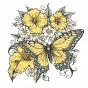 flowers behind a butterfly. include yellow hibiscus, california poppy, dogwood flower, Dogwood flower tattoo design idea