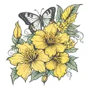 flowers behind a butterfly. include yellow hibiscus, california poppy, dogwood flower, Dogwood flower tattoo design idea