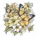 flowers behind a butterfly. include yellow hibiscus, california poppy, dogwood flower, Dogwood flower tattoo design idea