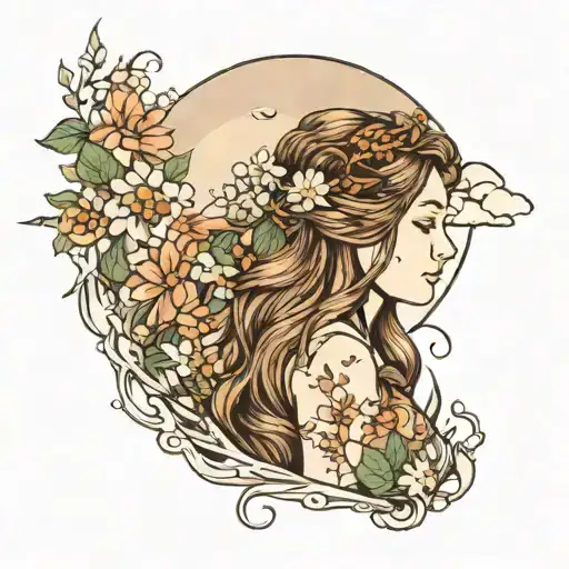 Daughter, name: Feli, Wavy, light brown hair, walking through a meadow of flowers and waterfalls. tattoo design idea