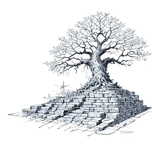 bricks and spider webs surrounding tree of knowledge tattoo design idea