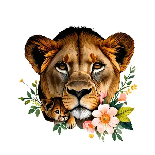 lioness and baby cub include flowers growing tattoo design idea