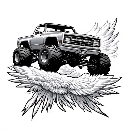 Monster Truck driving to heaven tattoo design idea