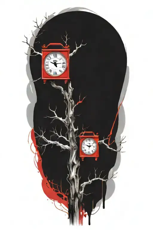 oak tree branches with three round clocks integrated into it for an arm sleeve tattoo design idea