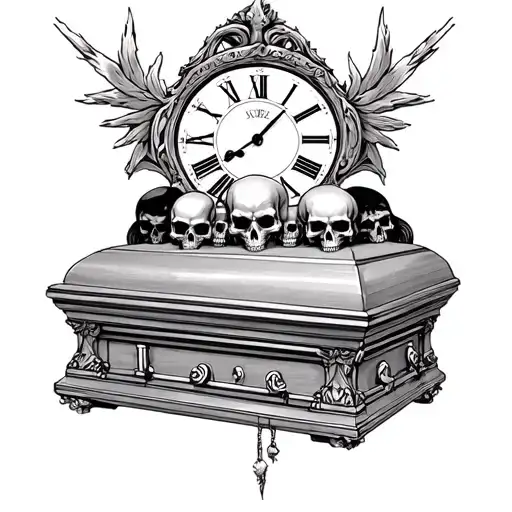 casket with skulls and clock above it tattoo design idea