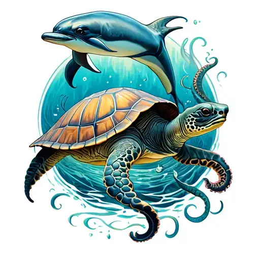 turtle with a dolphin and a octopus under the sea sleeve tattoo tattoo design idea