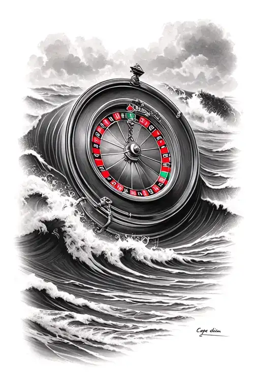 "Carpe diem" A black-grey tattoo of a casino roulette wheel with waves crashing in the background tattoo design idea