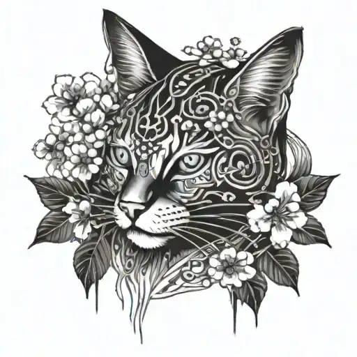 A futuristic cybernetic cat with circuit patterns integrated into its fur, surrounded by Japanese cherry blossom trees tattoo design idea