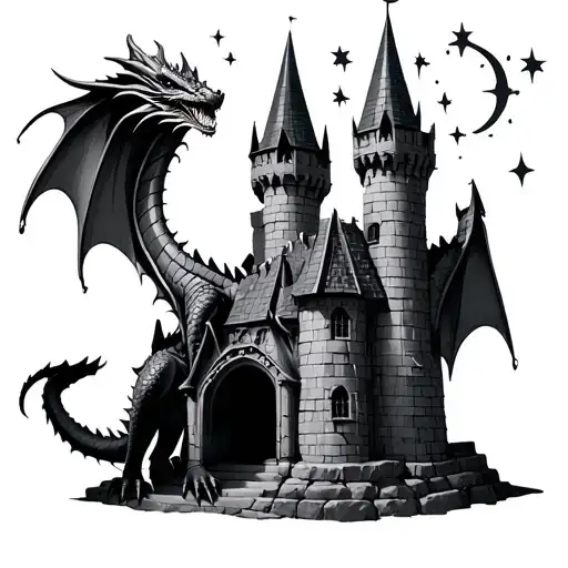 a  realistic dragon sitting on or around a realistic castle with a heaven of stars tattoo design idea